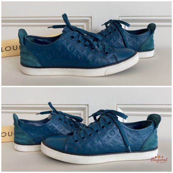 Auth Louis Vuitton Green Monogram Embossed Leather Nubuck Low Top Sneakers 36/6 - Picture 12 of 15